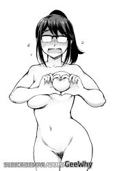 Rule 34 | 1girl, absurdres, breast lift, breasts, collarbone, completely nude, cowboy shot, embarrassed, female pubic hair, fingernails, geewhy, glasses, greyscale, heart, heart-shaped boob challenge, heart hands, highres, houkago teibou nisshi, large breasts, long hair, looking at viewer, monochrome, navel, nipples, nude, oono makoto, opaque glasses, open mouth, over-rim eyewear, ponytail, pubic hair, semi-rimless eyewear, solo, standing, unaligned breasts, watermark, web address