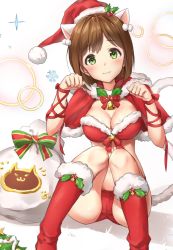 Rule 34 | 10s, 1girl, :3, :o, animal ears, bad id, bad twitter id, bell, bikini, blush, boots, bow, breasts, brown hair, capelet, cat ears, cat tail, christmas, christmas ornaments, christmas tree, cleavage, clenched hands, closed mouth, cowbell, front-tie bikini top, front-tie top, fur-trimmed bikini, fur-trimmed boots, fur trim, green eyes, hair ornament, hands up, hat, head tilt, highres, holly, holly hair ornament, idolmaster, idolmaster cinderella girls, knee boots, knees together feet apart, looking at viewer, maekawa miku, medium breasts, mistletoe, paw pose, paw print, red bikini, red footwear, red ribbon, ribbon, sack, santa costume, santa hat, shadow, short hair, sitting, snowflakes, solo, sparkle, star (symbol), striped, striped bow, swimsuit, tail, takeashiro, white background