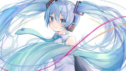 Rule 34 | 1girl, bare shoulders, black sleeves, blue eyes, blue hair, blue necktie, blush, closed mouth, collared shirt, detached sleeves, dot nose, frilled shirt, frills, from side, hair between eyes, hair ornament, hatsune miku, headset, highres, long hair, looking at viewer, necktie, noneon319, number tattoo, raised eyebrows, shirt, sidelocks, simple background, sleeveless, sleeveless shirt, smile, solo, tattoo, tie clip, twintails, upper body, very long hair, vocaloid, white background, white shirt, wing collar