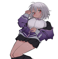 Rule 34 | 1girl, absurdres, arm up, black pantyhose, black skirt, blush, bow, bowtie, breasts, clothes pull, collared shirt, feet out of frame, grey hair, gridman universe, hair between eyes, half-closed eyes, hand on own stomach, head tilt, highres, jacket, kokaki mumose, large breasts, legs together, long sleeves, looking at viewer, looking to the side, lying, miniskirt, off shoulder, on back, open clothes, open jacket, pantyhose, pantyhose pull, parted lips, pleated skirt, puffy long sleeves, puffy sleeves, purple bow, purple bowtie, purple jacket, red eyes, shinjou akane, shirt, short hair, simple background, skirt, solo, ssss.gridman, thighs, white background, white shirt