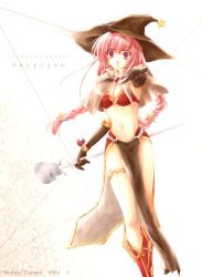 Rule 34 | 1girl, :d, artist name, blush, boots, bra, brown capelet, brown gloves, capelet, character name, commentary, copyright name, dated, elbow gloves, feet out of frame, gloves, hair between eyes, holding, holding staff, long hair, looking at viewer, mage (ragnarok online), navel, open mouth, outstretched arm, pelvic curtain, pink eyes, pink hair, ragnarok online, red bra, red skirt, showgirl skirt, skirt, skull, smile, solo, staff, suruga kasune, twintails, underwear
