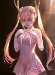 Rule 34 | 10s, 1girl, bare shoulders, blonde hair, breasts, choker, cleavage, closed mouth, collarbone, cowboy shot, dragon girl, dragon horns, dress, elbow gloves, eyelashes, gloves, hair between eyes, hands on own chest, hands up, highres, holding strap, horns, kobayashi-san chi no maidragon, long hair, looking at viewer, medium breasts, neck ribbon, no tail, orange hair, red eyes, red lips, ribbon, sawamaharu, short dress, slit pupils, solo, standing, strapless, strapless dress, tohru (maidragon), twintails, very long hair, white choker, white gloves, white ribbon