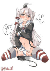 Rule 34 | 10s, 1girl, amatsukaze (kancolle), black panties, blush, breasts, breath, brown eyes, clothes lift, cowboy shot, cropped legs, dress, dress lift, ebifurya, female masturbation, fingering, garter straps, gloves, groin, hair tubes, heart, highres, kantai collection, lifted by self, long hair, long sleeves, masturbation, navel, open mouth, panties, panties around leg, pussy juice, sailor dress, side-tie panties, simple background, single glove, small breasts, smoke, smokestack, solo, speech bubble, spoken heart, stomach, striped clothes, striped thighhighs, sweat, thighhighs, translated, trembling, two side up, underwear, untied panties, white background, white gloves, white hair