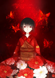 Rule 34 | 1girl, bad id, bad pixiv id, black hair, bug, butterfly, fatal frame, fatal frame 2, female focus, gradient background, highres, insect, japanese clothes, kimono, kurozatou owata, plant, red eyes, short hair, solo, tachibana chitose, tears