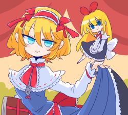 Rule 34 | 1girl, alice margatroid, apron, black dress, blonde hair, blue dress, blue eyes, blush stickers, book, bow, capelet, commentary, curtains, doll, dress, frilled hairband, frills, grimoire of alice, hair between eyes, hair bow, hairband, highres, holding, holding book, long sleeves, looking at viewer, neck ribbon, op na yarou, red bow, red hairband, red ribbon, ribbon, shanghai doll, shirt, short hair, skirt hold, smile, solo, touhou, upper body, waist apron, white capelet, white shirt
