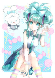 Rule 34 | 1girl, blue eyes, blue hair, bow, candy, cinnamiku, cinnamoroll, collared shirt, cosplay, food, frilled shirt, frilled shirt collar, frilled sleeves, frills, fuzzy footwear, hair bow, hair rings, hand up, hatsune miku, hatsune miku (cosplay), highres, hitsuji no shi, knees up, lollipop, long hair, looking at viewer, necktie, parted lips, petticoat, pleated skirt, sanrio, scrunchie, shirt, sitting, skirt, sleeveless, sleeveless shirt, socks, tie clip, tied ears, updo, vocaloid, wrapped candy, wrist scrunchie