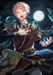 Rule 34 | 1boy, absurdres, blue eyes, commentary request, ensemble stars!, fingernails, full moon, hand on own chest, hand up, headset, highres, itsuki shu, layered sleeves, long sleeves, looking at viewer, male focus, moon, night, night sky, official alternate costume, open mouth, pink hair, short bangs, short hair, short over long sleeves, short sleeves, sky, solo, star (sky), starry sky, teeth, wednesday 108