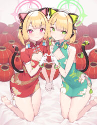 Rule 34 | 2girls, absurdres, alternate costume, animal ear headphones, animal ears, barefoot, blonde hair, blue archive, blush, breasts, cat tail, china dress, chinese clothes, cleavage cutout, cloba, closed mouth, clothing cutout, dress, fake animal ears, gloves, green eyes, green halo, halo, headphones, heart, heart hands, heart hands duo, highres, kneeling, looking at viewer, midori (blue archive), momoi (blue archive), multiple girls, parted lips, pink halo, red eyes, short hair, siblings, sisters, small breasts, smile, tail, twins, white gloves