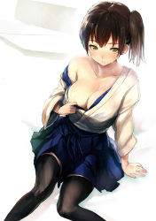 Rule 34 | 10s, 1girl, black thighhighs, blush, breasts, brown hair, cleavage, japanese clothes, kaga (kancolle), kantai collection, large breasts, looking at viewer, off shoulder, shirt tug, short hair, side ponytail, sitting, skirt, solo, thighhighs, usisan