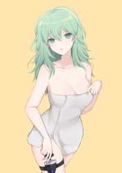 Rule 34 | 1girl, absurdres, bare arms, bare shoulders, breasts, byleth (female) (fire emblem), byleth (fire emblem), cleavage, collarbone, commentary request, cowboy shot, dagger, fire emblem, fire emblem: three houses, green eyes, green hair, hand on weapon, highres, knife, looking at viewer, medium breasts, naked towel, nintendo, parted lips, sheath, sheathed, shimizu akina, simple background, solo, thigh strap, towel, weapon, yellow background