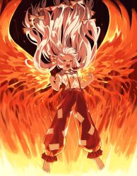 Rule 34 | 1girl, absurdres, angry, baggy pants, barefoot, berabou, bow, clenched hands, collared shirt, commentary, fiery wings, fire, floating hair, fujiwara no mokou, full body, furious, furrowed brow, hair bow, hands up, highres, long hair, looking at viewer, ofuda, ofuda on clothes, open mouth, pants, red bow, red eyes, red pants, red theme, shirt, solo, suspenders, teeth, torn clothes, torn sleeves, touhou, two-tone bow, very long hair, white bow, white hair, white shirt, wing collar, wings