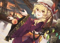 Rule 34 | 1girl, alternate costume, bad id, bad pixiv id, blonde hair, bridge, commentary request, dutch angle, fang, flandre scarlet, hair between eyes, japanese clothes, kimono, long hair, looking at viewer, obi, outdoors, purple kimono, red eyes, sash, smile, solo, touhou, wide sleeves, wings, yukata, zairen
