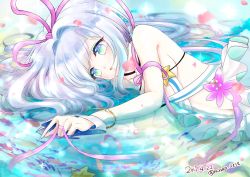 Rule 34 | 1girl, :o, bad id, bad pixiv id, blue eyes, bracelet, breasts, fish, flower, hair between eyes, jewelry, long hair, lying, mana (shironeko project), multicolored eyes, navel, on side, open mouth, pink ribbon, ribbon, shironeko project, silver hair, skirt, small breasts, solo, sparkle background, stomach, water