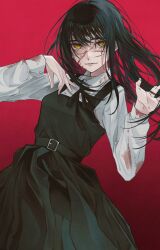 Rule 34 | 1girl, black dress, black hair, blood, blood on clothes, blood on face, chainsaw man, collared shirt, dress, hair between eyes, highres, long hair, long sleeves, looking at viewer, man015s, orange eyes, red background, scar, scar on face, shirt, simple background, solo, white shirt, yoru (chainsaw man)