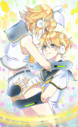 Rule 34 | 00s, 1boy, 1girl, black sleeves, blonde hair, bow, brother and sister, carrying, detached sleeves, eye contact, green eyes, grey sailor collar, hair bow, hazu kichi0827, headphones, highres, kagamine len, kagamine rin, looking at another, nail polish, neckerchief, parted lips, sailor collar, shirt, short hair, short shorts, short sleeves, shorts, siblings, sleeveless, sleeveless shirt, smile, twins, vocaloid, white bow, white shirt, white shorts, yellow nails, yellow neckerchief
