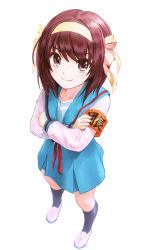 Rule 34 | 1girl, armband, blue legwear, blue sailor collar, blue skirt, bob cut, bow, bow hairband, brown eyes, brown hair, closed mouth, collarbone, commentary request, crossed arms, full body, hairband, highres, ishiyuki, kita high school uniform, loafers, long sleeves, looking at viewer, looking up, medium hair, neck ribbon, orange bow, orange hairband, red ribbon, revision, ribbon, sailor collar, school uniform, serafuku, shirt, shoes, simple background, sketch, skirt, smile, solo, standing, suzumiya haruhi, suzumiya haruhi no yuuutsu, uwabaki, white background, white shirt