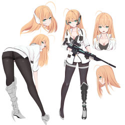 Rule 34 | absurdres, ahoge, ass, bad id, bad pixiv id, bent over, blonde hair, breasts, cleavage, collarbone, empty eyes, frown, gloves, gongba laoge, green eyes, gun, headphones, high heels, highres, holster, jacket, looking at viewer, microphone, miniskirt, multiple persona, multiple views, original, pantyhose, pocket, scope, shin guards, skirt, standing, thigh holster, thigh strap, thighband pantyhose, vest, weapon