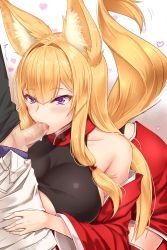 Rule 34 | 1boy, 1girl, akitsuki karasu, animal ear fluff, animal ears, bare shoulders, black shirt, blonde hair, blush, breasts, breath, censored, clothes pull, collarbone, commentary request, detached sleeves, erection, fellatio, fox ears, fox girl, fox tail, hair intakes, hair ornament, heart, heart-shaped pupils, hetero, highres, japanese clothes, kitsune onee-san (shuugetsu karasu), large breasts, long hair, long sleeves, mosaic censoring, motion lines, oral, original, pants, pants pull, penis, purple eyes, sanpaku, shirt, sidelocks, solo focus, sweat, symbol-shaped pupils, tail, tail wagging, taut clothes, white background, white pants, wide sleeves