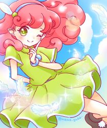 Rule 34 | 1girl, blue eyes, blue hairband, blue sky, curly hair, dress, feathers, green dress, green eyes, hairband, jewelry, looking at viewer, mameyuka, one eye closed, panel de pon, pink hair, sky, smile, solo, windy (panel de pon)