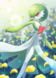 Rule 34 | 1girl, :d, absurdres, artist name, bob cut, colored skin, commentary request, creatures (company), crossed legs, day, falling leaves, falling petals, female focus, flat chest, game freak, gardevoir, gardevoir day, gen 3 pokemon, gradient sky, green hair, green skin, hair between eyes, hair over one eye, highres, kagure (karaguren), leaf, legs, lens flare, looking to the side, multicolored skin, nintendo, one eye covered, open mouth, outdoors, petals, pokemon, pokemon (creature), red eyes, short hair, signature, sky, smile, solo, standing, sunlight, two-tone skin, white skin