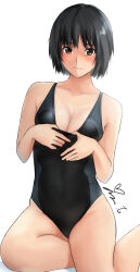 Rule 34 | 1girl, amagami, black hair, black one-piece swimsuit, breasts, brown eyes, cleavage, closed mouth, clothes pull, commentary request, competition swimsuit, cowboy shot, highres, looking at viewer, medium breasts, nanasaki ai, one-piece swimsuit, one-piece swimsuit pull, revision, short hair, signature, simple background, sitting, solo, swimsuit, two-tone swimsuit, white background, yokozuwari, yoo tenchi