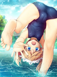 Rule 34 | 1girl, :o, armpits, ass, bare arms, bare legs, barefoot, bent over, blue eyes, blue sky, blush, bow, breasts, brown hair, cameltoe, chima q, cloud, commentary request, competition swimsuit, day, fang, feet, hair bow, headdress, highres, lace trim, looking through own legs, one-piece swimsuit, open mouth, outdoors, red bow, shiny clothes, short hair, sky, small breasts, soles, solo, sunny milk, swimsuit, thighs, toes, touhou, tree, two side up, wading, water