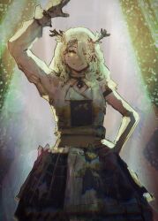 Rule 34 | 1girl, absurdres, antlers, antsplorer, black skirt, braid, braided bangs, branch, ceres fauna, glowing, glowing eyes, green hair, hair ornament, hair over one eye, hand on own hip, hand up, highres, hololive, hololive english, horns, light rays, long hair, long sleeves, looking at viewer, mole, mole under eye, navel, plaid, plaid skirt, pleated skirt, short sleeves, skirt, smile, solo, star (symbol), star in eye, symbol in eye, tree horns, virtual youtuber, w, waving, yellow eyes