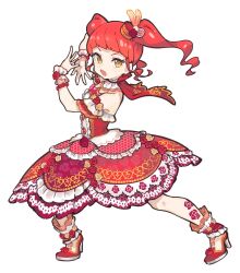 Rule 34 | 1girl, akagi anna, blunt bangs, capelet, detached collar, dress, floral print, flower, frilled dress, frills, fugota6509, full body, hands up, hat, hat feather, hat flower, high heels, highres, idol clothes, kiratto pri chan, leg tattoo, legs apart, long hair, looking at viewer, mini hat, open mouth, pretty series, print dress, red capelet, red dress, red flower, red footwear, red hair, red rose, rose, shoes, simple background, sleeveless, sleeveless dress, solo, standing, tattoo, twintails, white background, wrist cuffs, yellow eyes