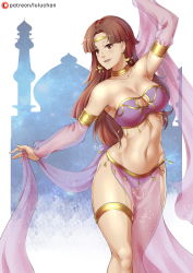 Rule 34 | 1girl, absurdres, armpits, artist name, bare shoulders, belly dancer, bracelet, breasts, brown eyes, brown hair, circlet, cleavage, dancer, dated, earrings, heart, highres, jewelry, large breasts, long hair, lulu-chan92, midriff, navel, necklace, open mouth, patreon username, plum (tear ring saga), solo, tear ring saga, white background