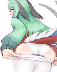 Rule 34 | 1girl, ass, bird girl, bird tail, bird wings, black eyes, blush, clothes pull, dress, from behind, green hair, head wings, highres, kemono friends, leaning forward, long hair, long sleeves, looking at viewer, multicolored hair, panties, panty focus, pantyhose, pantyhose pull, pulled by self, resplendent quetzal (kemono friends), shibori kasu, short dress, sideways glance, sketch, skindentation, solo, tail, underwear, undressing, very long hair, white panties, white pantyhose, wings
