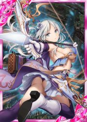 Rule 34 | 1girl, akkijin, archery, armpits, arrow (projectile), ass, boots, bow (weapon), breasts, cape, card (medium), cleavage, elf, flying, gloves, glowing, glowing weapon, hair ornament, large breasts, official art, pointy ears, purple cape, shinkai no valkyrie, grey eyes, silver hair, soles, thighhighs, underwear, weapon, white gloves