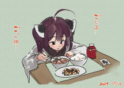 Rule 34 | 1girl, :o, ahoge, blush, bowl, brown eyes, brown hair, dated, food, food request, green background, headgear, holding, holding spoon, japanese clothes, kimono, lamb (hitsujiniku), long sleeves, parted lips, plate, rice, rice bowl, solo, spoon, touhoku kiritan, translation request, twintails, upper body, voiceroid, white kimono, wide sleeves