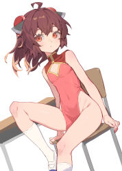 Rule 34 | 1girl, ahoge, bare shoulders, brown hair, bun cover, chair, china dress, chinese clothes, cleavage cutout, clothing cutout, commentary request, desk, double bun, dress, expressionless, flat chest, hair bun, headgear, highleg, highleg dress, highres, kneehighs, looking at viewer, pink dress, shoes, short hair, sitting, socks, solo, touhoku kiritan, uwabaki, voiceroid, white socks, yamamomo (plank)