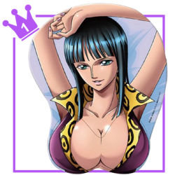 Rule 34 | 1girl, black hair, breasts, cleavage, large breasts, looking at viewer, lowres, mousepad (medium), nico robin, nipples, one piece, smile, solo