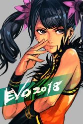 Rule 34 | 1girl, bare shoulders, black background, evolution championship series, from side, grey background, grey eyes, hair ornament, hand up, hungry clicker, ling xiaoyu, long hair, looking at viewer, looking to the side, namco, smile, solo, tekken, tekken 7, twintails, upper body, wristband