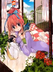 Rule 34 | 1girl, :o, absurdres, artist request, bird, birdcage, cage, camera, cloud, day, flower, green nails, highres, nail polish, photo (object), pillow, polka dot, ponytail, red hair, ribbon, sky, solo, striped