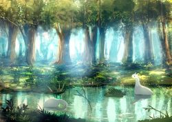 Rule 34 | bad id, bad pixiv id, commentary request, creature, day, forest, grass, light particles, manino (mofuritaionaka), nature, no humans, original, outdoors, reflection, river, scenery, tree, water surface