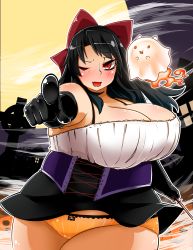 Rule 34 | 1girl, absurdres, bare shoulders, black hair, blush, breasts, cleavage, fang, fat, hair ribbon, highres, huge breasts, long hair, looking at viewer, one eye closed, open mouth, original, panties, red eyes, ribbon, smile, solo, thick thighs, thighs, underwear, zuisawa