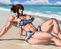 Rule 34 | 1girl, abs, alternate body size, beach, bikini, blue sky, breasts, brown hair, cloud, cloudy sky, final fantasy, final fantasy vii, final fantasy vii remake, hill, large breasts, leaning back, mootium, muscular, muscular female, ocean, red eyes, sand, signature, sitting, sky, smile, solo, swimsuit, thick thighs, thighs, tifa lockhart, tifa lockhart (shining spirit)