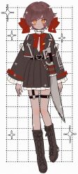 Rule 34 | 1girl, absurdres, black jacket, black skirt, blush, boots, bow, bowtie, brown eyes, brown footwear, brown hair, buckle, closed mouth, dark-skinned female, dark skin, frilled skirt, frilled sleeves, frills, full body, hair bow, heart, heart-shaped buckle, highres, jacket, limbus company, long sleeves, looking at viewer, outis (project moon), pleated skirt, project moon, red bow, red bowtie, shirt, skirt, smile, solo, sword, tk lc, weapon, white shirt, wing collar