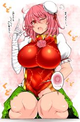 Rule 34 | 1girl, ;o, puff of air, absurdres, ahoge, bandaged arm, bandages, blush, breasts, bun cover, chain, chinese clothes, covered erect nipples, cuffs, double bun, fertilization, flower, green skirt, hair bun, highres, ibaraki kasen, impregnation, index finger raised, large breasts, looking at viewer, one eye closed, open mouth, ovum, pink eyes, pink flower, pink hair, pink rose, puffy short sleeves, puffy sleeves, roki (hirokix), rose, scolding, seiza, shackles, short sleeves, sitting, skirt, solo, sperm cell, sweat, tabard, touhou, translated