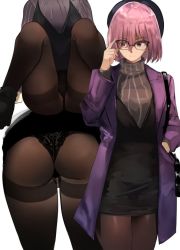 Rule 34 | 1girl, alternate costume, ass, bent over, beret, black dress, black footwear, cafe au lait (kafeore), commentary, dress, fate/grand order, fate (series), glasses, hat, lace, mash kyrielight, pantyhose, pink hair, purple eyes, short hair, simple background, sitting, spread legs, standing, sweater, white background