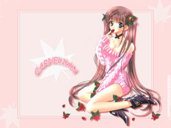 Rule 34 | 1girl, artist name, boots, breasts, brown hair, carnelian, food, food-themed hair ornament, fruit, green eyes, hair ornament, hairclip, high heel boots, high heels, long hair, medium breasts, off shoulder, sitting, solo, strawberry, strawberry hair ornament, sweater, twintails, very long hair