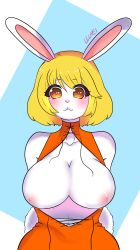 Rule 34 | 1girl, absurdres, animal ears, blonde hair, blush, breasts, carrot (one piece), cleavage, cleft of venus, highres, large breasts, long hair, nipples, nude, one piece, open mouth, rabbit ears, rabbit tail, tail