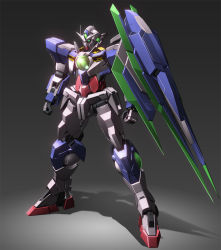 Rule 34 | 00 qan[t], 00s, clenched hands, gradient background, green eyes, grey background, gundam, gundam 00, gundam 00 a wakening of the trailblazer, huge weapon, machinery, mecha, no humans, nt-d, reborns gundam, robot, shade, simple background, standing, weapon, zb (dawn-blue)