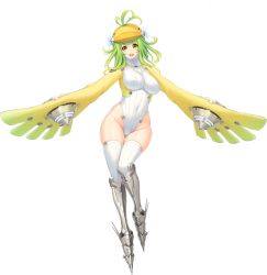 Rule 34 | 1girl, antenna hair, breasts, covered erect nipples, female focus, full body, game cg, green eyes, green hair, groin, hat, hayama kazusa, hoshizora no babylon, large breasts, legs, looking at viewer, matching hair/eyes, multicolored hair, open mouth, patapata (hoshizora no babylon), short hair, simple background, smile, solo, standing, thick thighs, thighhighs, thighs, wide hips