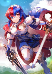 Rule 34 | 1girl, alear (female) (fire emblem), alear (fire emblem), blue eyes, blue hair, creyton, dual wielding, fire emblem, fire emblem engage, heterochromia, highres, holding, holding sword, holding weapon, multicolored hair, nintendo, red eyes, red hair, solo, sword, tiara, two-tone hair, weapon