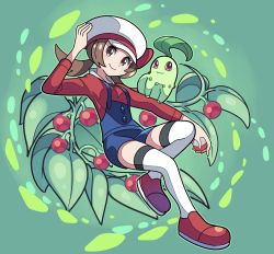 Rule 34 | 1girl, blue overalls, brown eyes, brown hair, cabbie hat, chikorita, closed mouth, commentary request, creatures (company), full body, game freak, gen 2 pokemon, hat, highres, holding, holding poke ball, long hair, lyra (pokemon), nintendo, overalls, poke ball, poke ball (basic), pokemon, pokemon (creature), pokemon hgss, pokemon on arm, red footwear, red shirt, shirt, shoes, smile, sutokame, thighhighs, twintails, white headwear