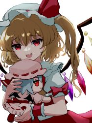 Rule 34 | 1girl, :d, absurdres, blonde hair, bow, commentary, crystal, doll, flandre scarlet, fumo (doll), hat, hat ribbon, highres, holding, holding doll, hugging doll, hugging object, mikan (manmarumikan), one side up, open mouth, pink hat, red bow, red eyes, red ribbon, remilia scarlet, ribbon, simple background, smile, solo, teeth, touhou, upper body, upper teeth only, white background, white hat, wings, wrist cuffs