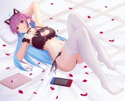 Rule 34 | 1girl, :o, ahoge, animal ears, arm behind head, arm up, armpits, bed sheet, bell, black bra, black choker, black hairband, black panties, black ribbon, blue hair, blue nails, blunt bangs, blush, bra, braid, breasts, cat ear panties, cat ears, cat lingerie, choker, cleavage, cleavage cutout, clothing cutout, colored inner hair, fake animal ears, frilled bra, frills, full body, hairband, hand on own chest, highres, hololive, indoors, ipad, jayamon, jingle bell, legs up, long hair, looking away, looking to the side, lying, medium breasts, meme attire, minato aqua, multicolored hair, nail polish, navel, neck bell, nintendo switch, on back, on bed, panties, parted lips, petals, pillow, purple eyes, purple hair, ribbon, scrunchie, side-tie panties, side braid, solo, stomach, straight hair, tablet pc, thighhighs, two-tone hair, underwear, underwear only, very long hair, virtual youtuber, white thighhighs, wrist scrunchie